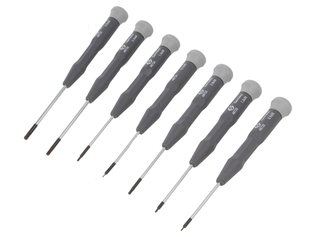 Set: schroevendraaiers; precisie; binnenzeskant; 7st. Set: schroevendraaiers; precisie; binnenzeskant; 7st.